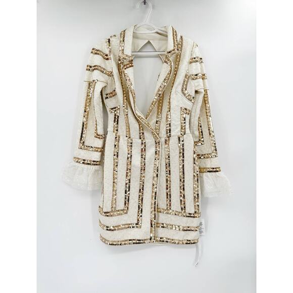 ASOS LUXE Stripe Embellished Tux Mini Dress White Gold US 8 NWT - Picture 2 of 7
